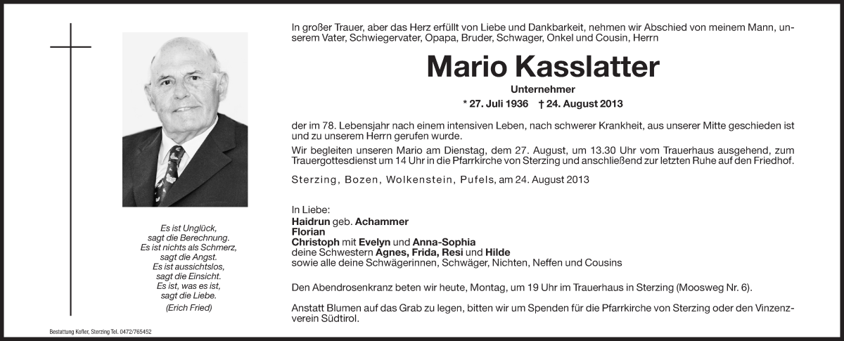  Traueranzeige für Mario Kasslatter vom 26.08.2013 aus Dolomiten