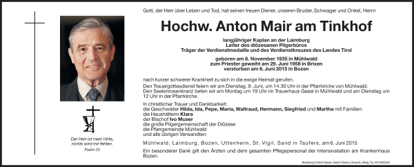 Traueranzeige von Anton Mair am Tinkhof von Dolomiten