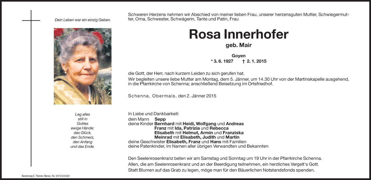  Traueranzeige für Rosa Innerhofer vom 03.01.2015 aus Dolomiten