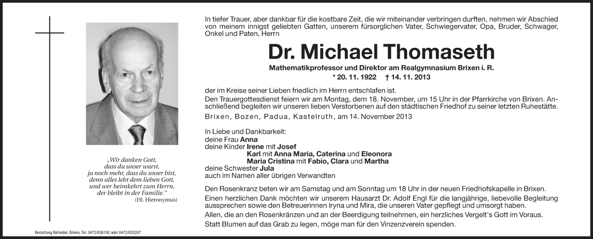  Traueranzeige für Michael Thomaseth vom 16.11.2013 aus Dolomiten