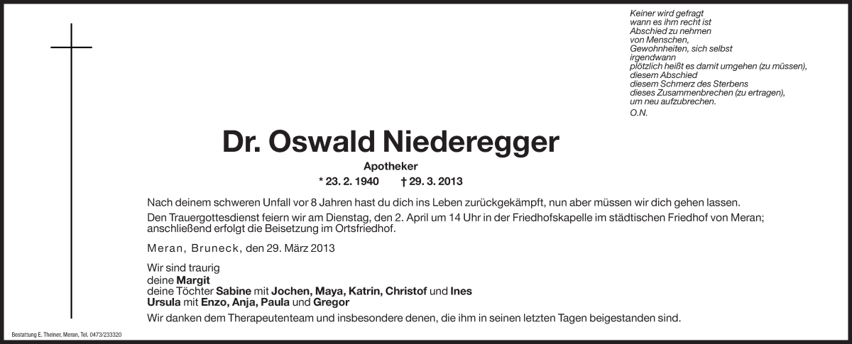  Traueranzeige für Oswald Niederegger vom 30.03.2013 aus Dolomiten