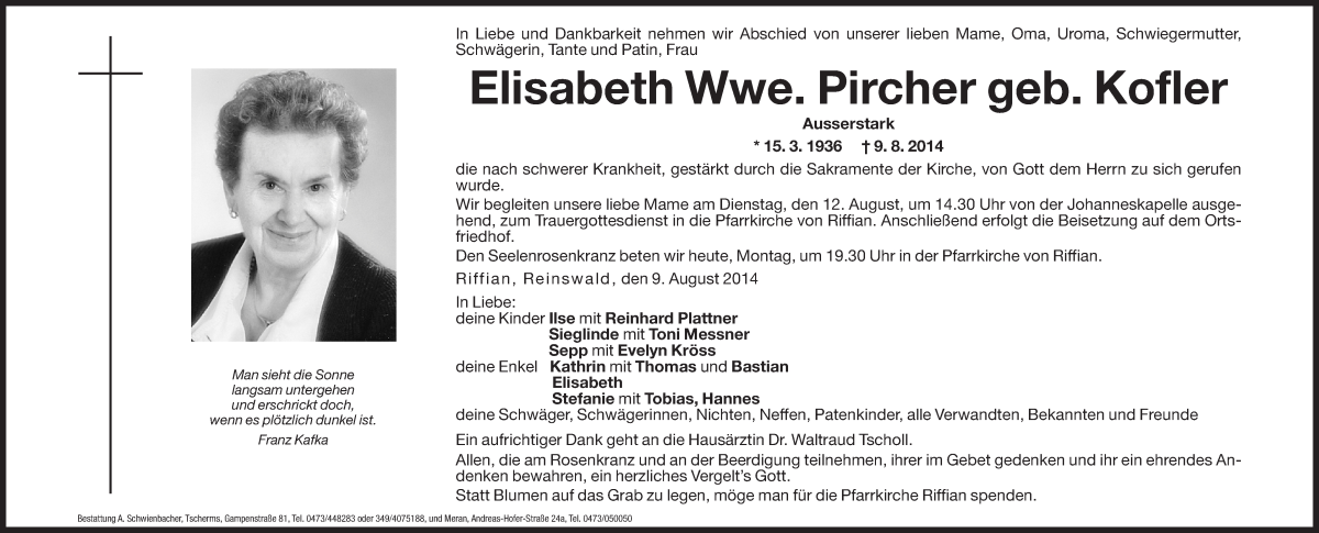  Traueranzeige für Elisabeth Pircher vom 11.08.2014 aus Dolomiten