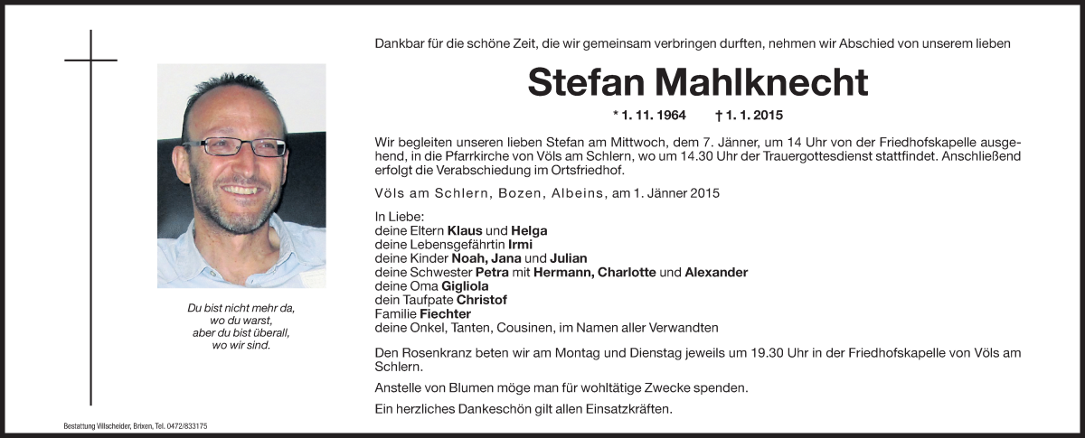  Traueranzeige für Stefan Mahlknecht vom 05.01.2015 aus Dolomiten