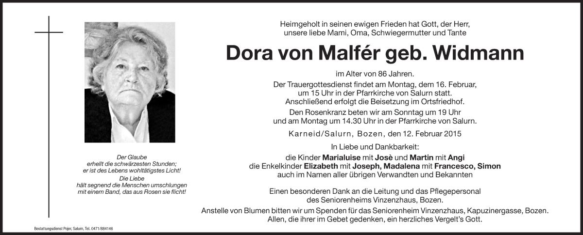  Traueranzeige für Dora von Malfer vom 14.02.2015 aus Dolomiten