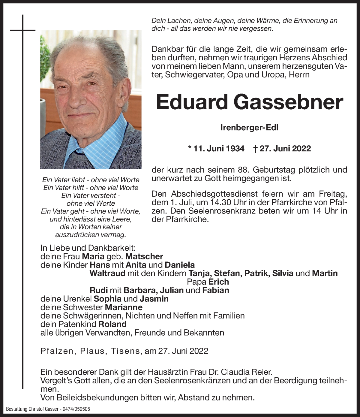  Traueranzeige für Eduard Gassebner vom 01.07.2022 aus Dolomiten