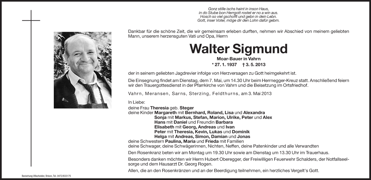  Traueranzeige für Walter Sigmund vom 06.05.2013 aus Dolomiten