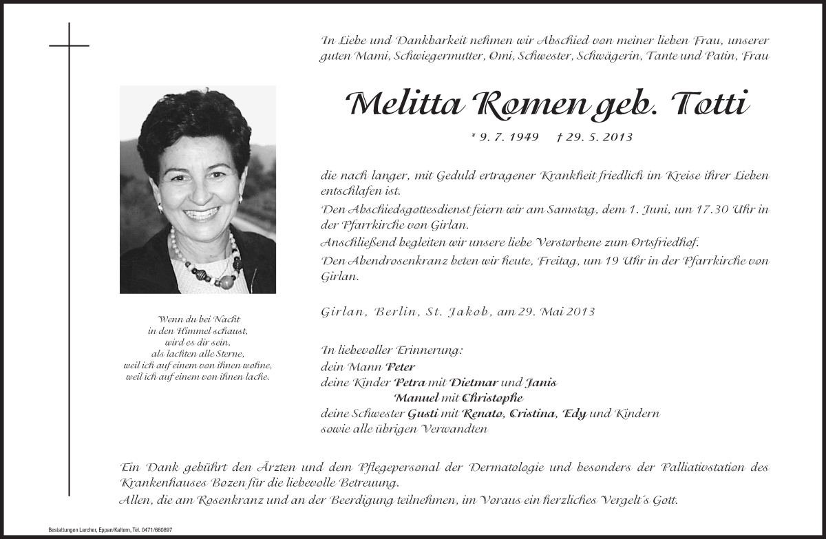  Traueranzeige für Melitta Romen vom 31.05.2013 aus Dolomiten