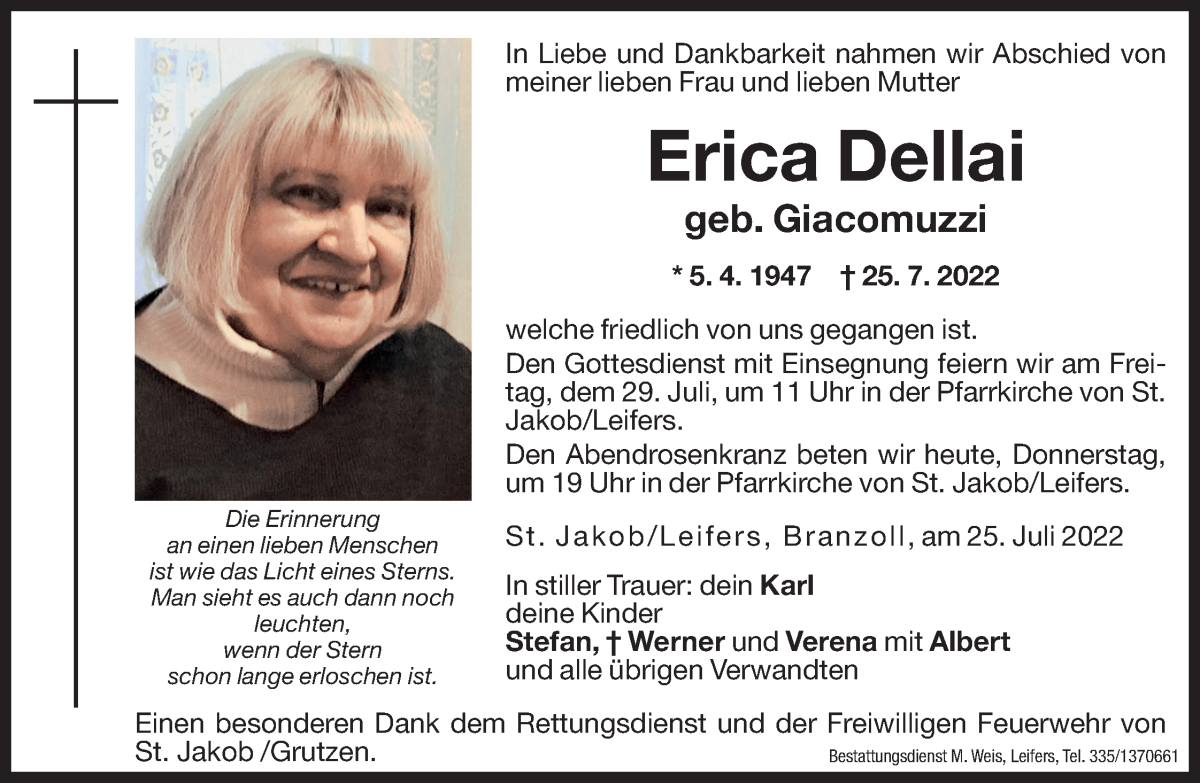  Traueranzeige für Erica Dellai vom 28.07.2022 aus Dolomiten