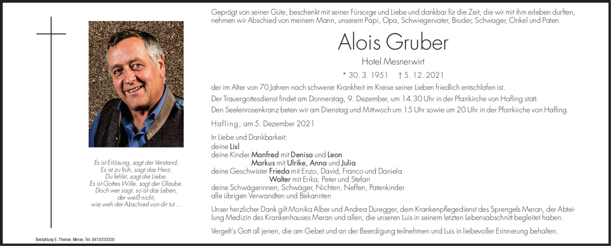  Traueranzeige für Alois Gruber vom 07.12.2021 aus Dolomiten