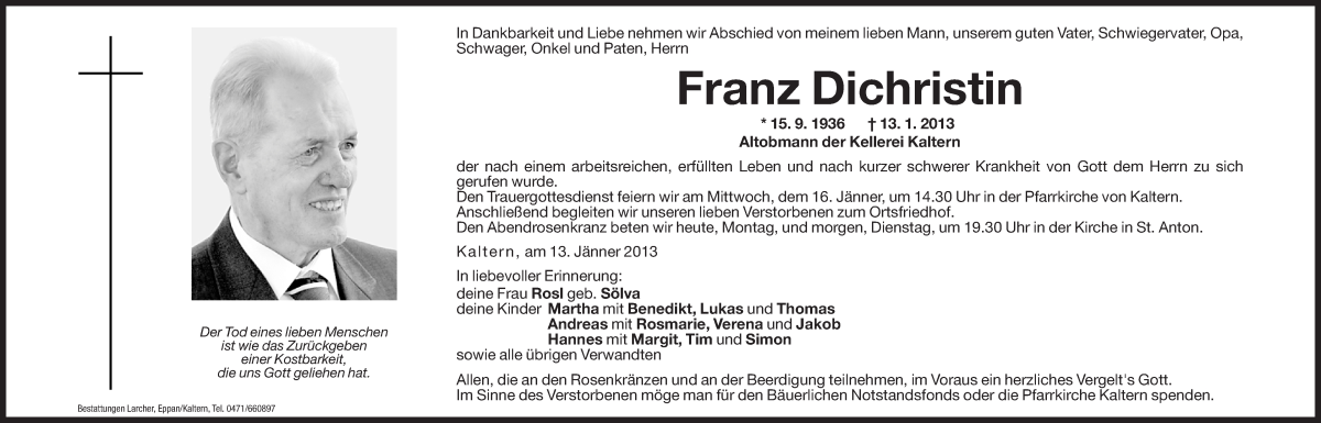  Traueranzeige für Franz Dichristin vom 14.01.2013 aus Dolomiten