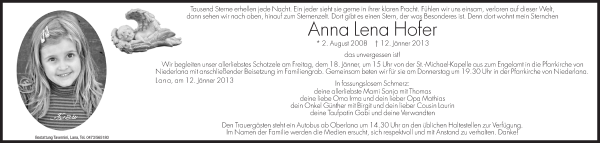 Traueranzeige von Anna Lena Hofer von Dolomiten