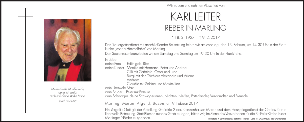  Traueranzeige für Karl Leiter vom 11.02.2017 aus Dolomiten