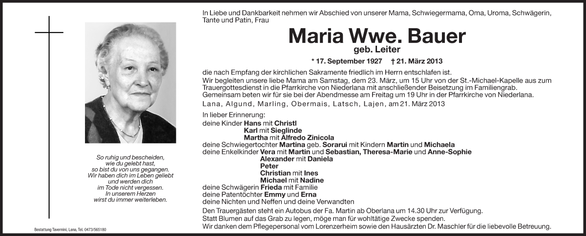  Traueranzeige für Maria Bauer vom 22.03.2013 aus Dolomiten