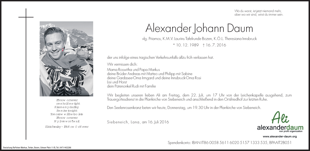  Traueranzeige für Alexander Johann Daum vom 21.07.2016 aus Dolomiten