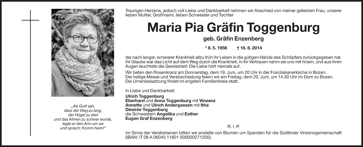  Traueranzeige für Maria Pia Gräfin Toggenburg vom 18.06.2014 aus Dolomiten