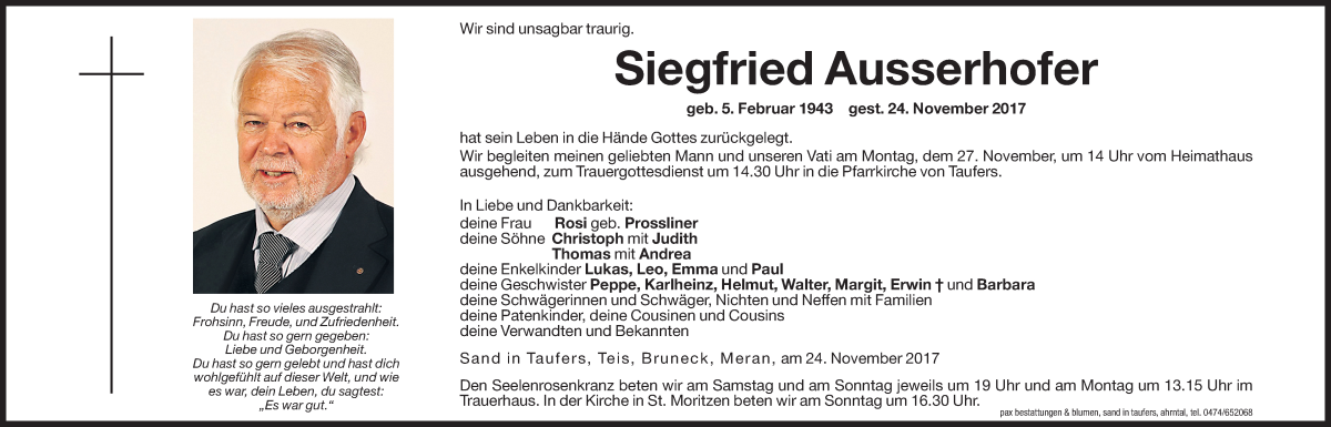  Traueranzeige für Siegfried Ausserhofer vom 25.11.2017 aus Dolomiten