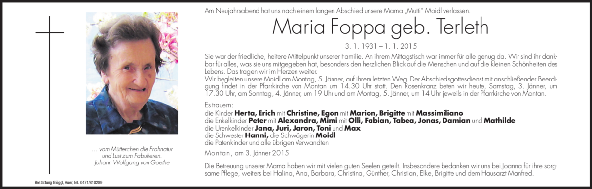  Traueranzeige für Maria Foppa vom 03.01.2015 aus Dolomiten