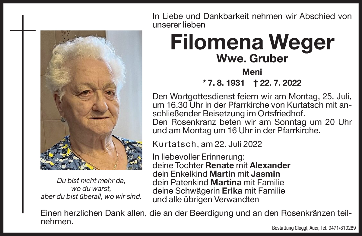  Traueranzeige für Filomena Gruber vom 23.07.2022 aus Dolomiten