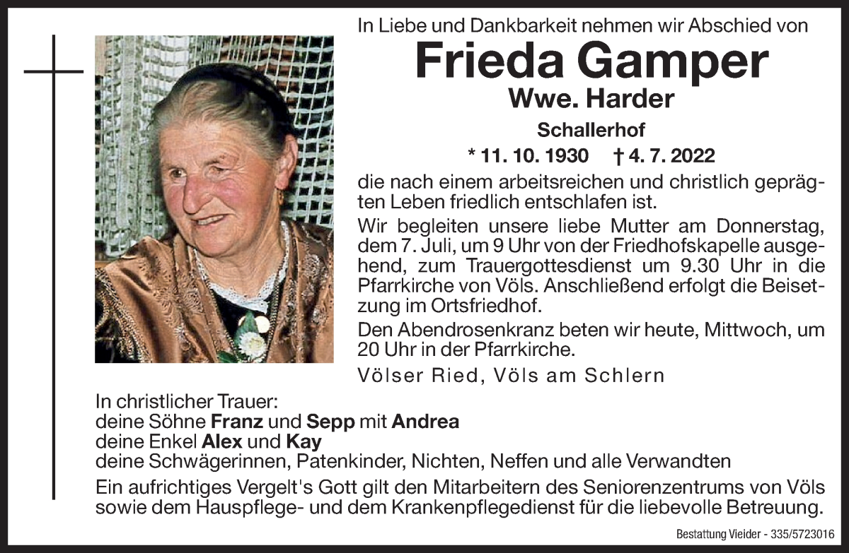  Traueranzeige für Frieda Harder vom 06.07.2022 aus Dolomiten