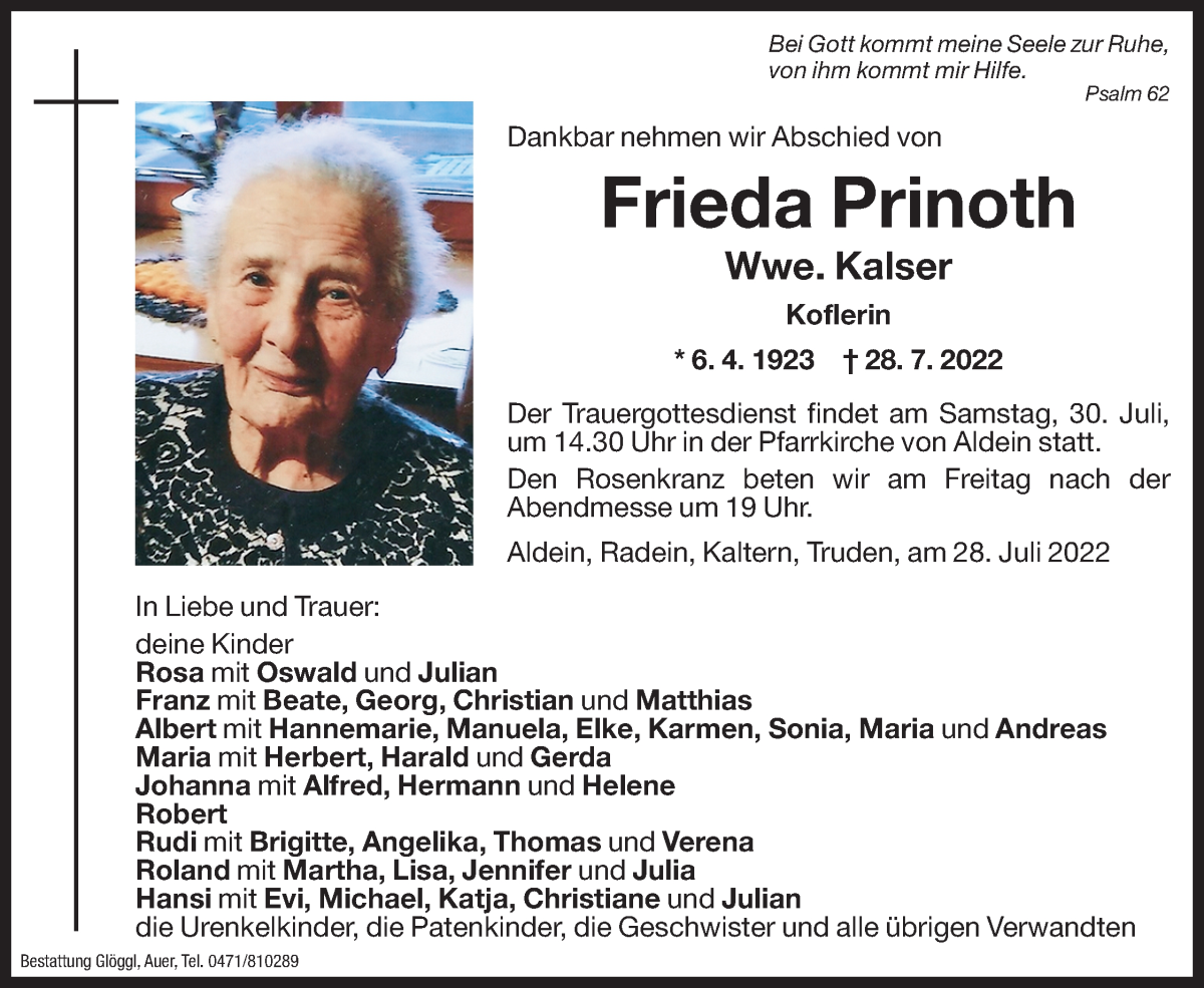  Traueranzeige für Frieda Kalser vom 29.07.2022 aus Dolomiten