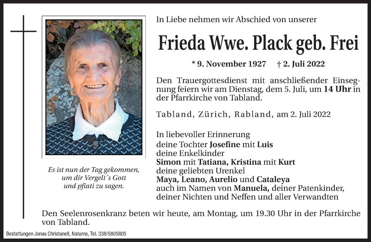  Traueranzeige für Frieda Plack vom 04.07.2022 aus Dolomiten