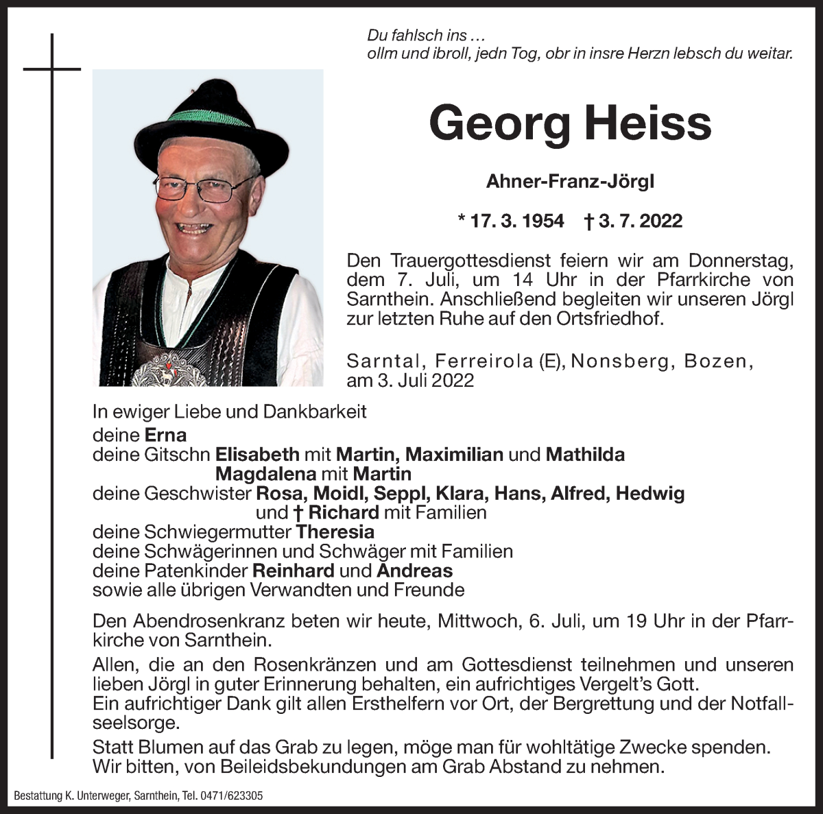  Traueranzeige für Georg Heiss vom 06.07.2022 aus Dolomiten