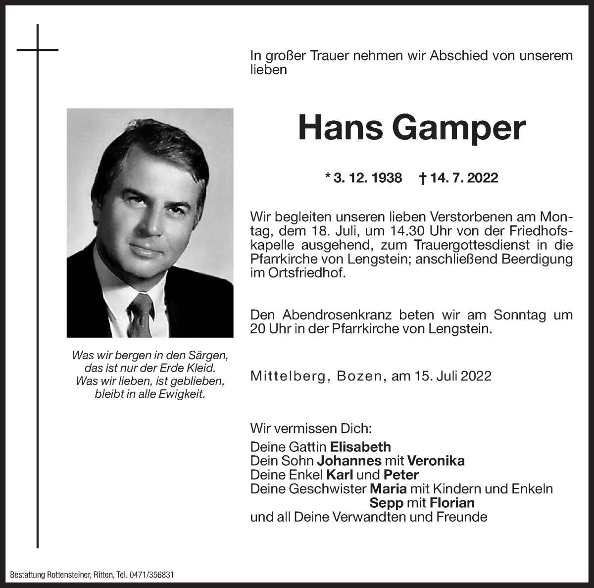  Traueranzeige für Hans Gamper vom 15.07.2022 aus Dolomiten