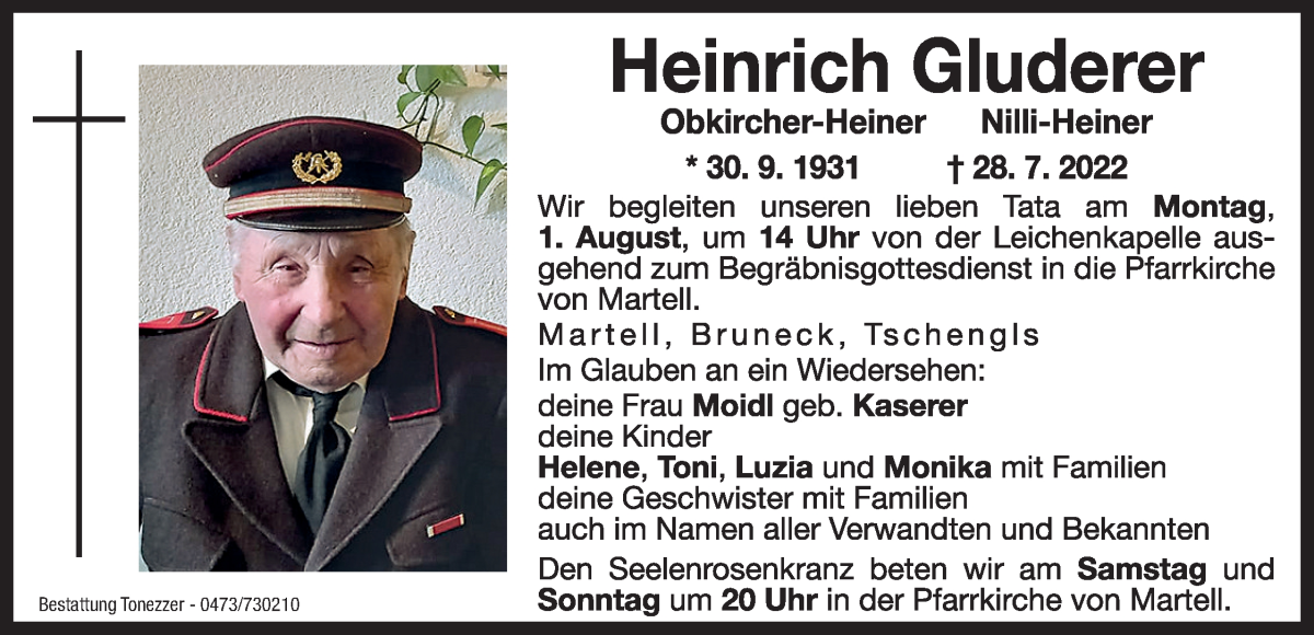  Traueranzeige für Heinrich Gluderer vom 30.07.2022 aus Dolomiten