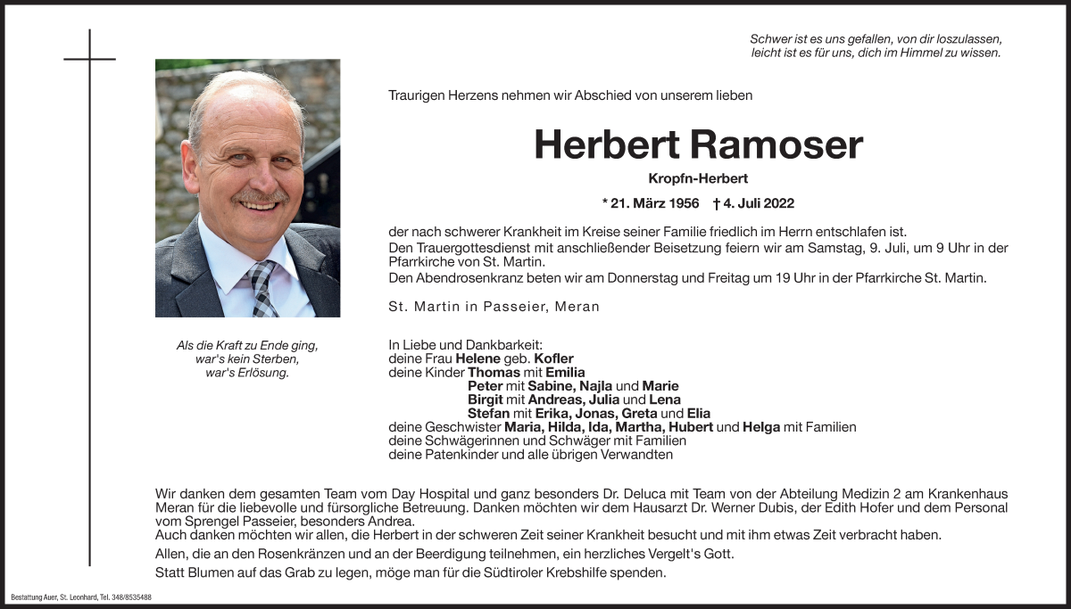  Traueranzeige für Herbert Ramoser vom 06.07.2022 aus Dolomiten