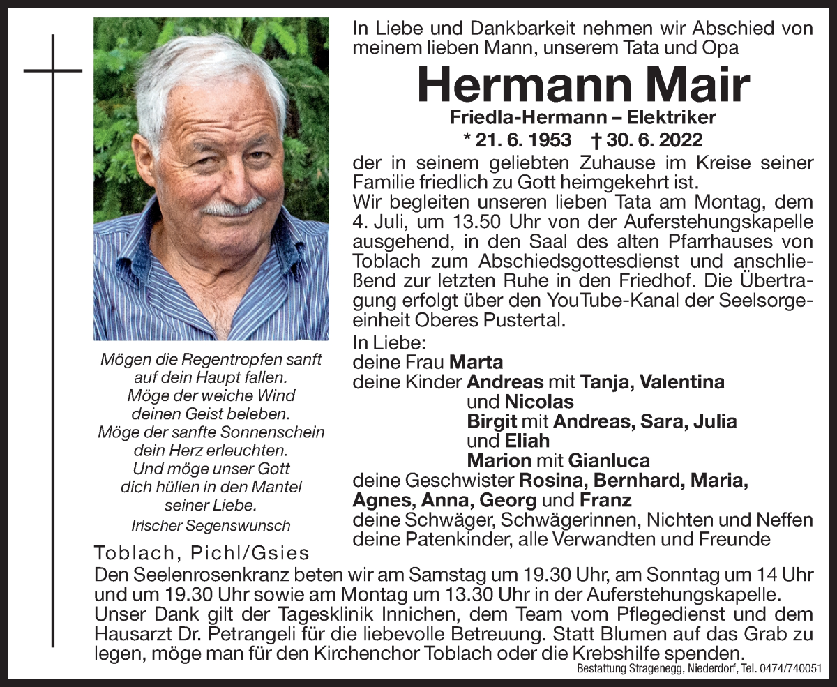  Traueranzeige für Hermann Mair vom 02.07.2022 aus Dolomiten