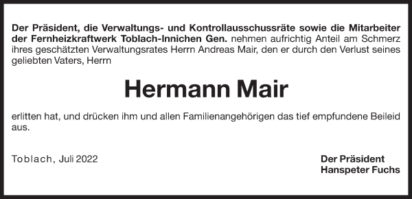 Traueranzeige von Hermann Mair von Dolomiten