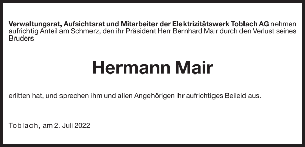 Traueranzeige von Hermann Mair von Dolomiten