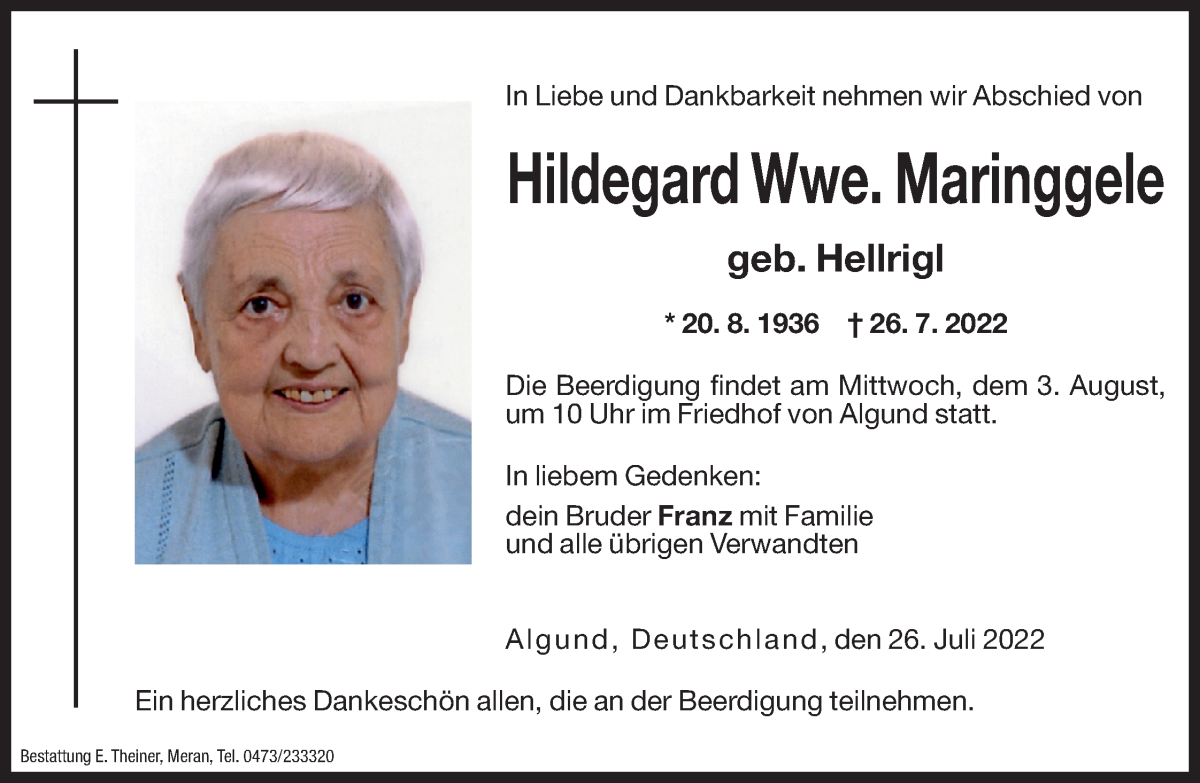  Traueranzeige für Hildegard Maringgele vom 30.07.2022 aus Dolomiten