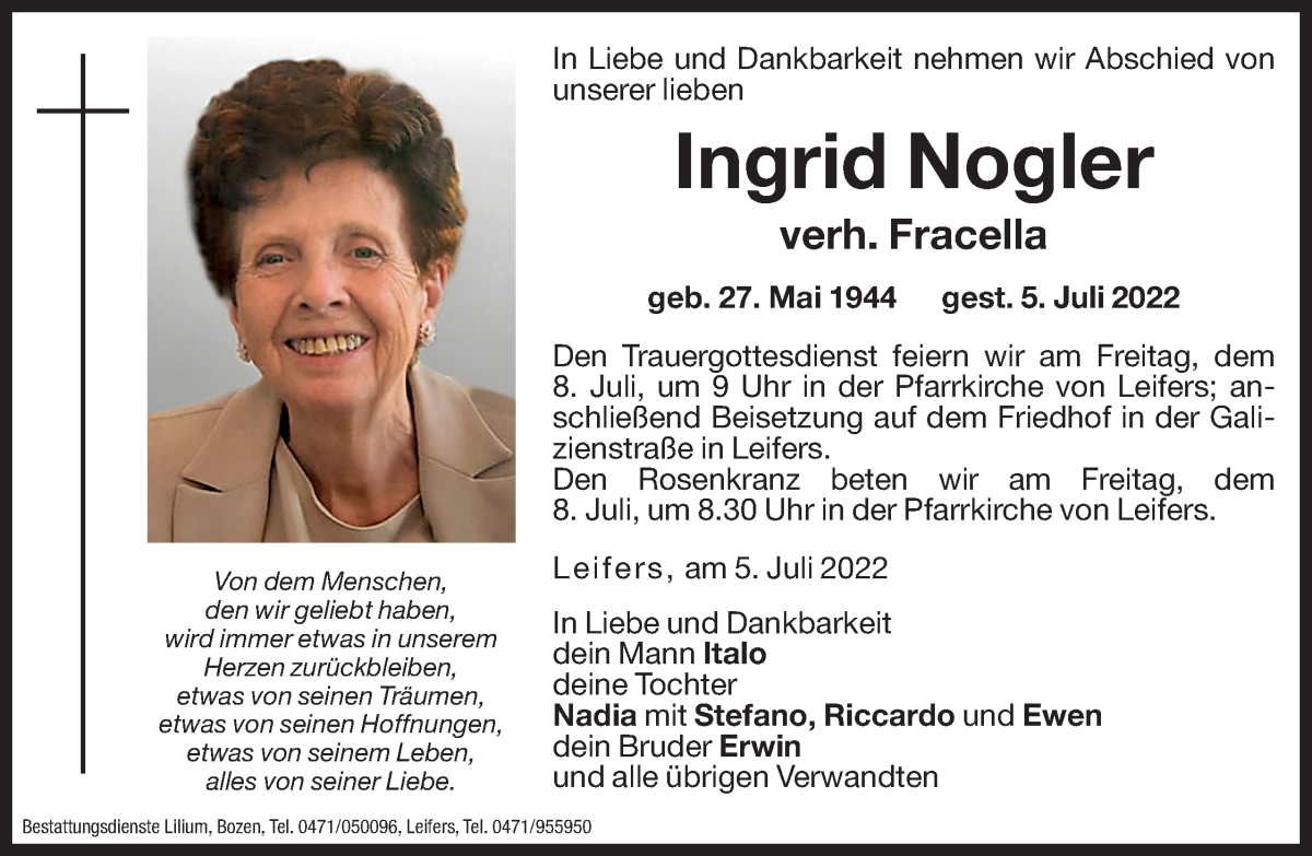  Traueranzeige für Ingrid Fracella vom 07.07.2022 aus Dolomiten