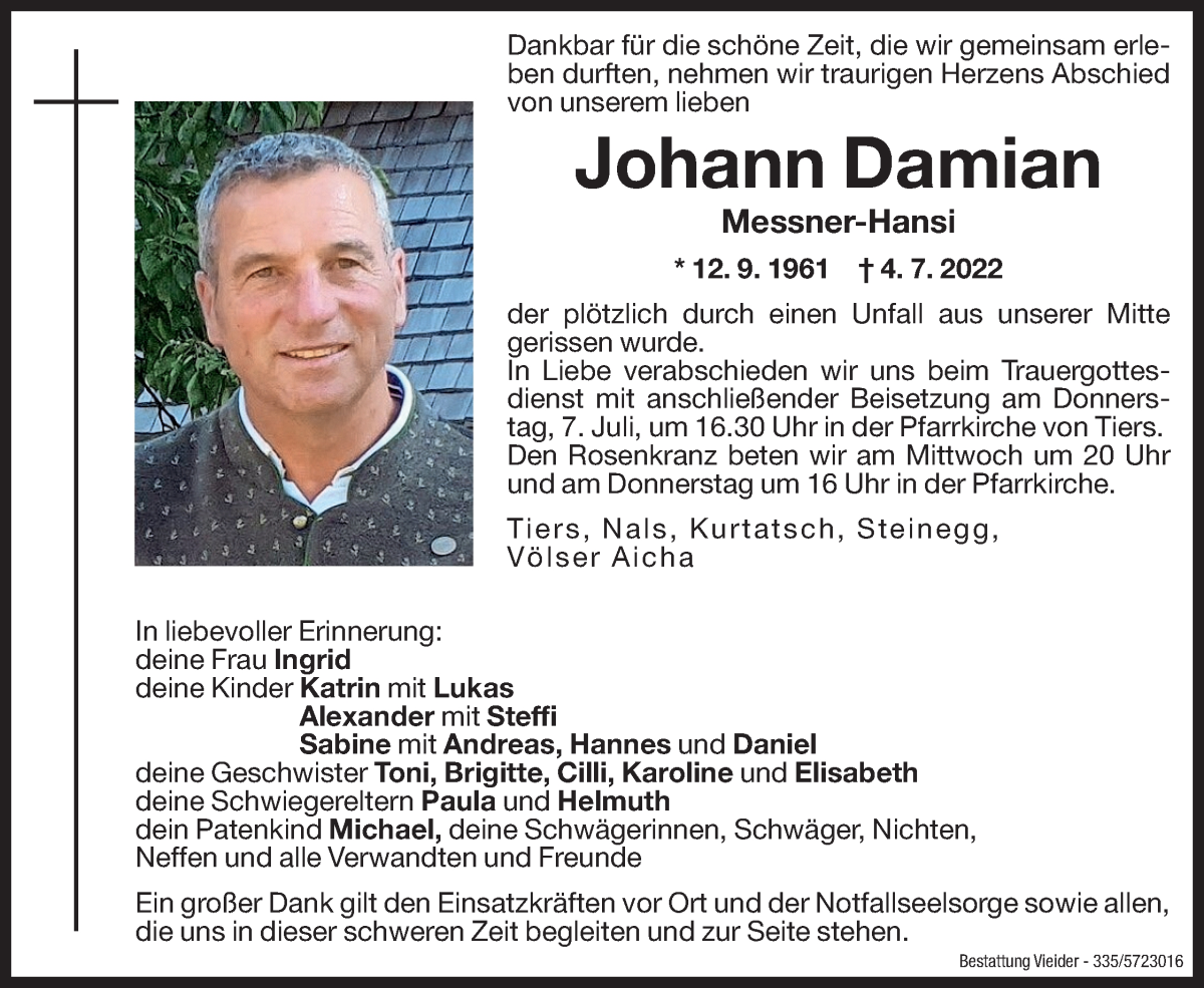  Traueranzeige für Johann Damian vom 06.07.2022 aus Dolomiten