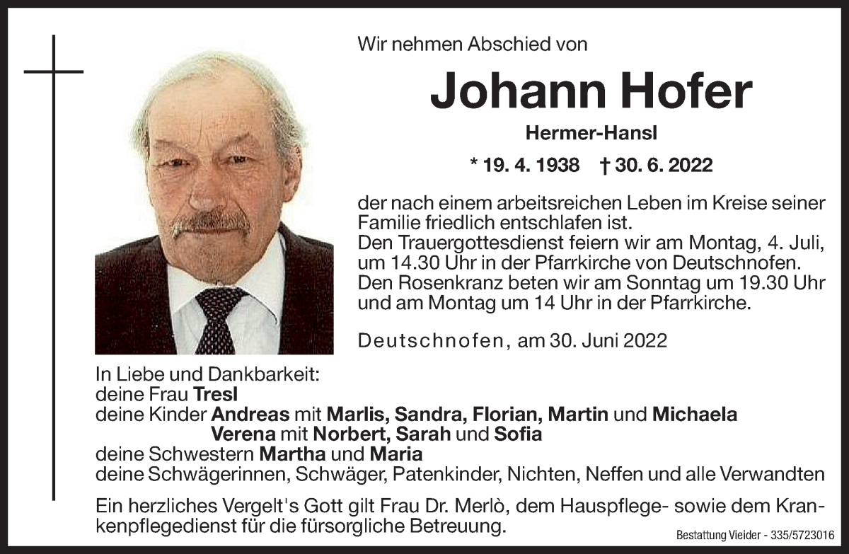  Traueranzeige für Johann Hofer vom 02.07.2022 aus Dolomiten