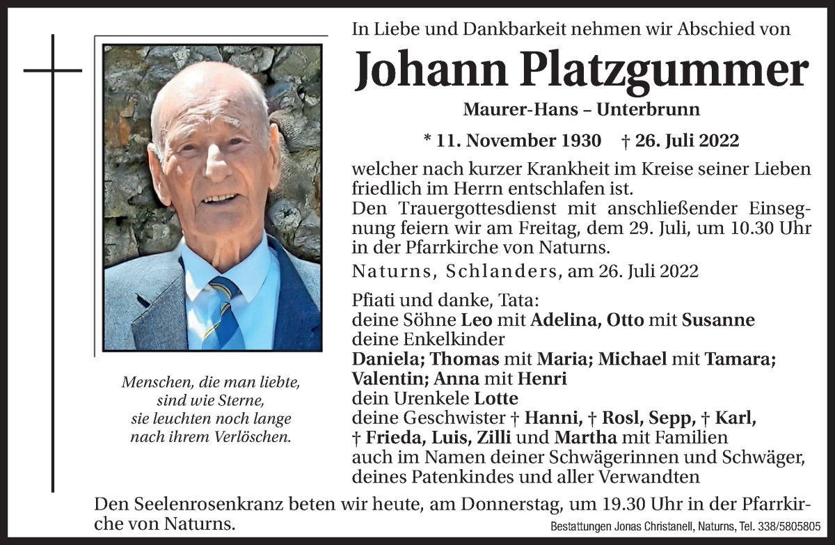  Traueranzeige für Johann Platzgummer vom 28.07.2022 aus Dolomiten