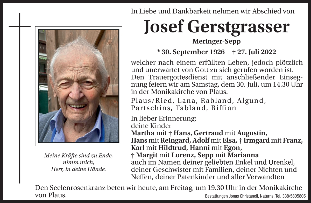  Traueranzeige für Josef Gerstgrasser vom 29.07.2022 aus Dolomiten