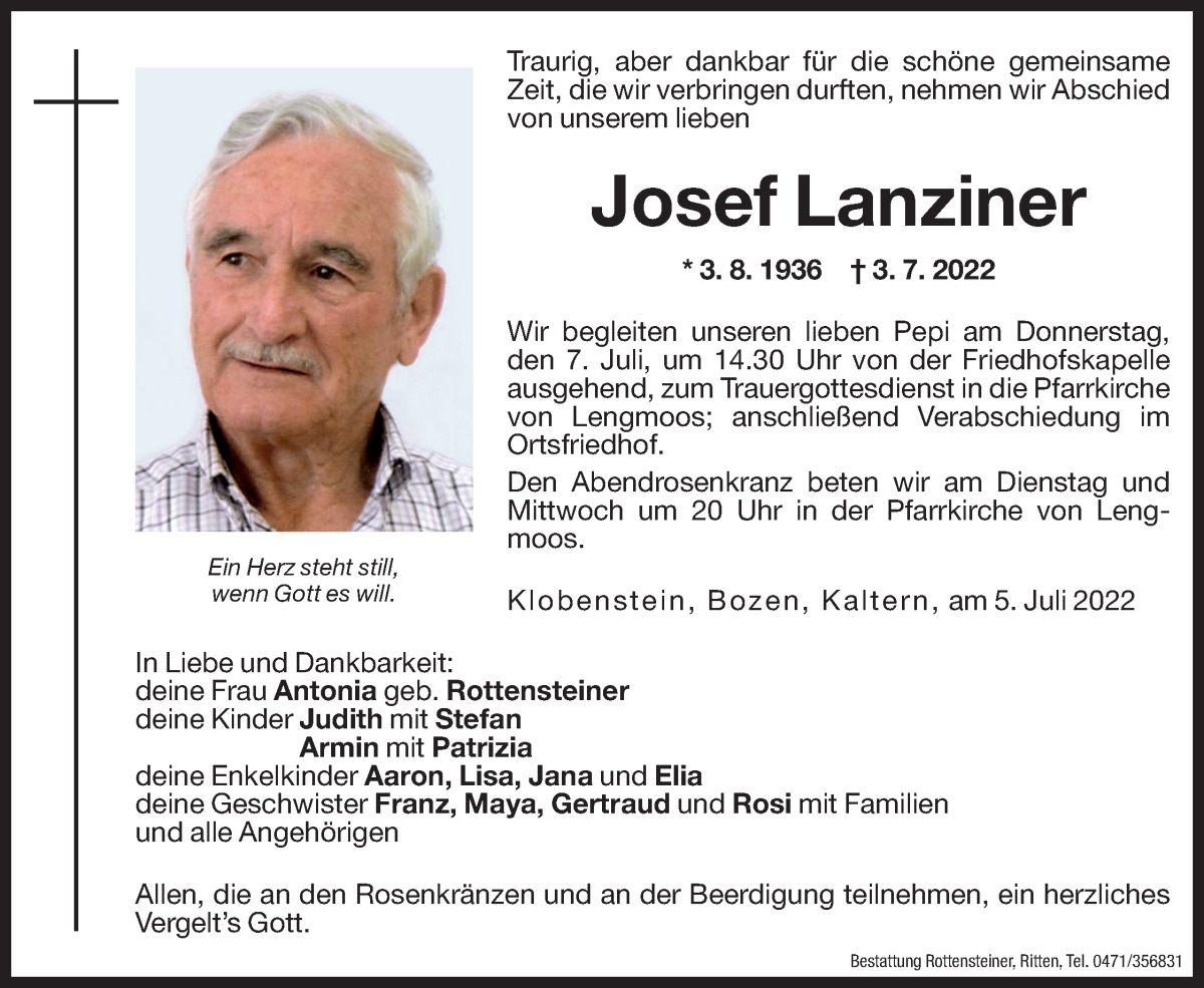  Traueranzeige für Josef Lanziner vom 05.07.2022 aus Dolomiten
