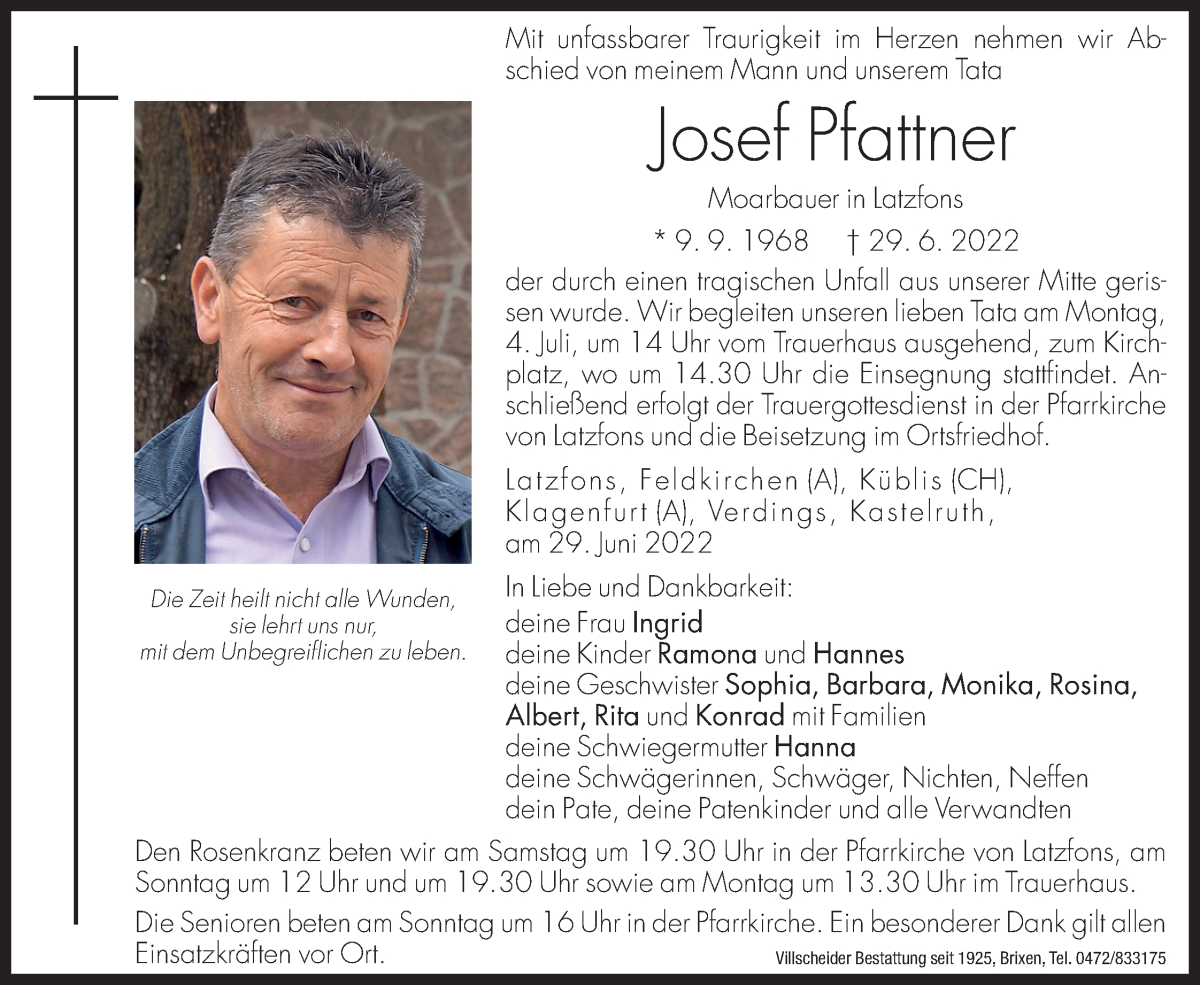 Traueranzeige für Josef Pfattner vom 02.07.2022 aus Dolomiten