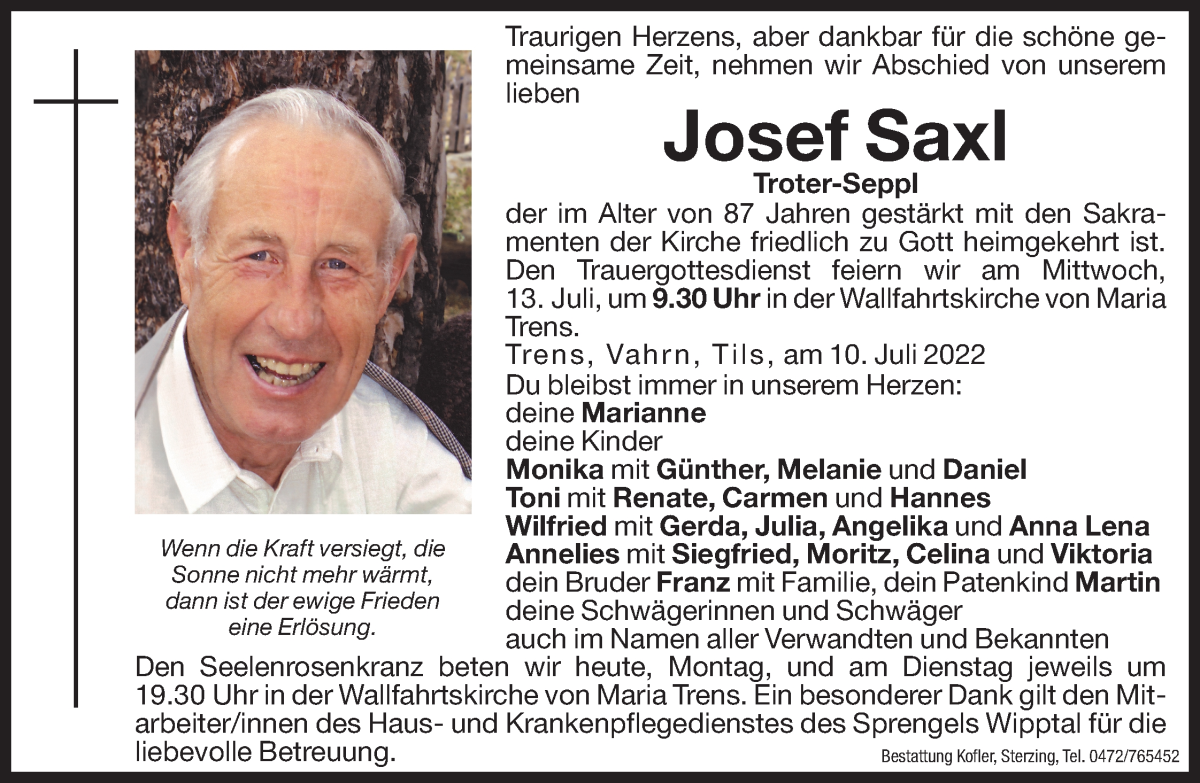  Traueranzeige für Josef Saxl vom 11.07.2022 aus Dolomiten