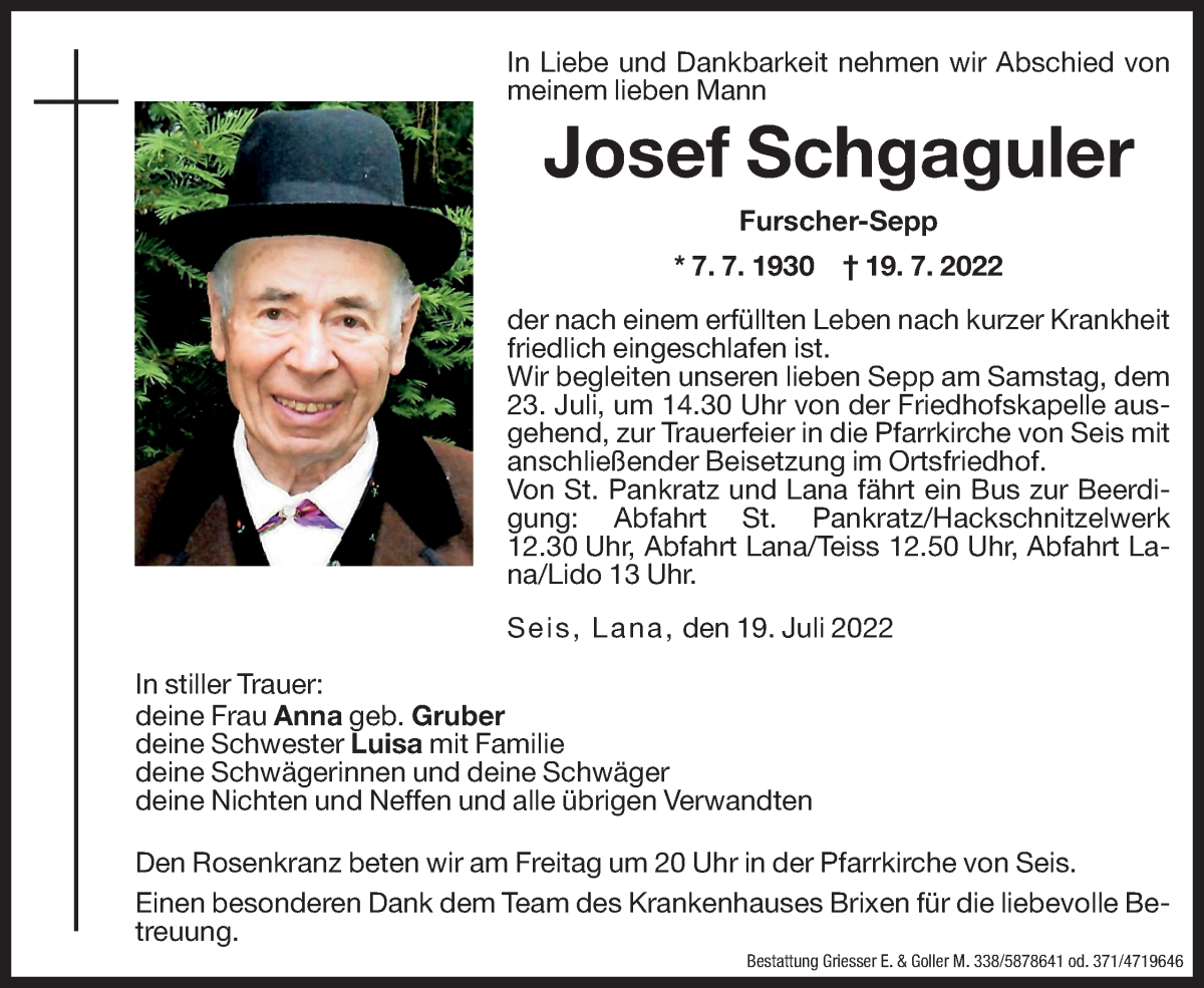  Traueranzeige für Josef Schgaguler vom 21.07.2022 aus Dolomiten
