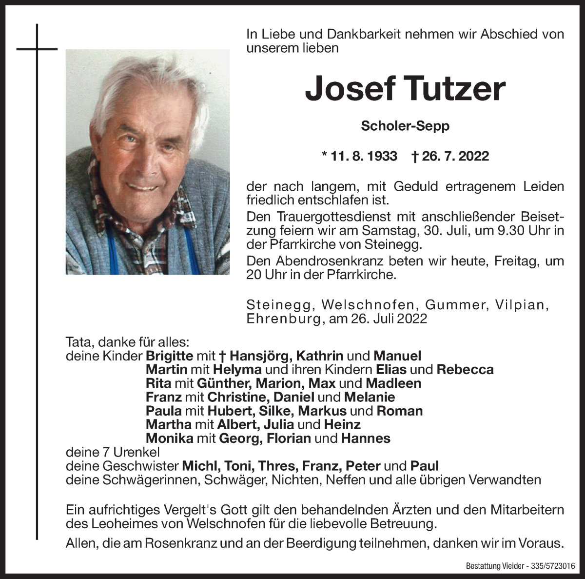  Traueranzeige für Josef Tutzer vom 29.07.2022 aus Dolomiten