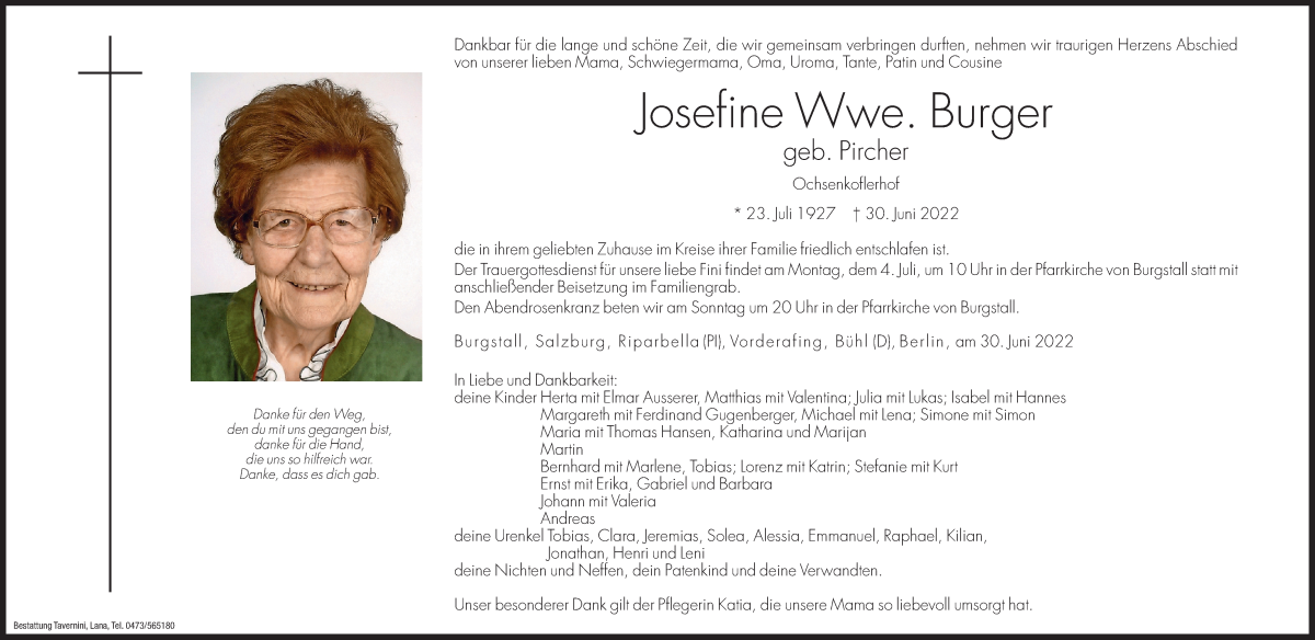 Traueranzeige für Josefine Burger vom 01.07.2022 aus Dolomiten