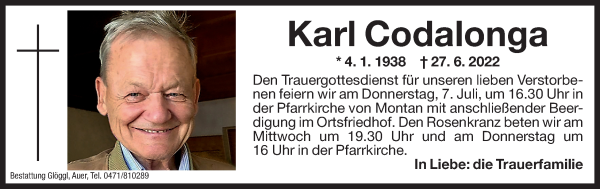 Traueranzeige von Karl Codalonga von Dolomiten