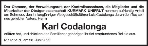 Traueranzeige von Karl Codalonga von Dolomiten