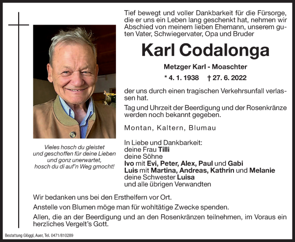 Traueranzeige von Karl Codalonga von Dolomiten