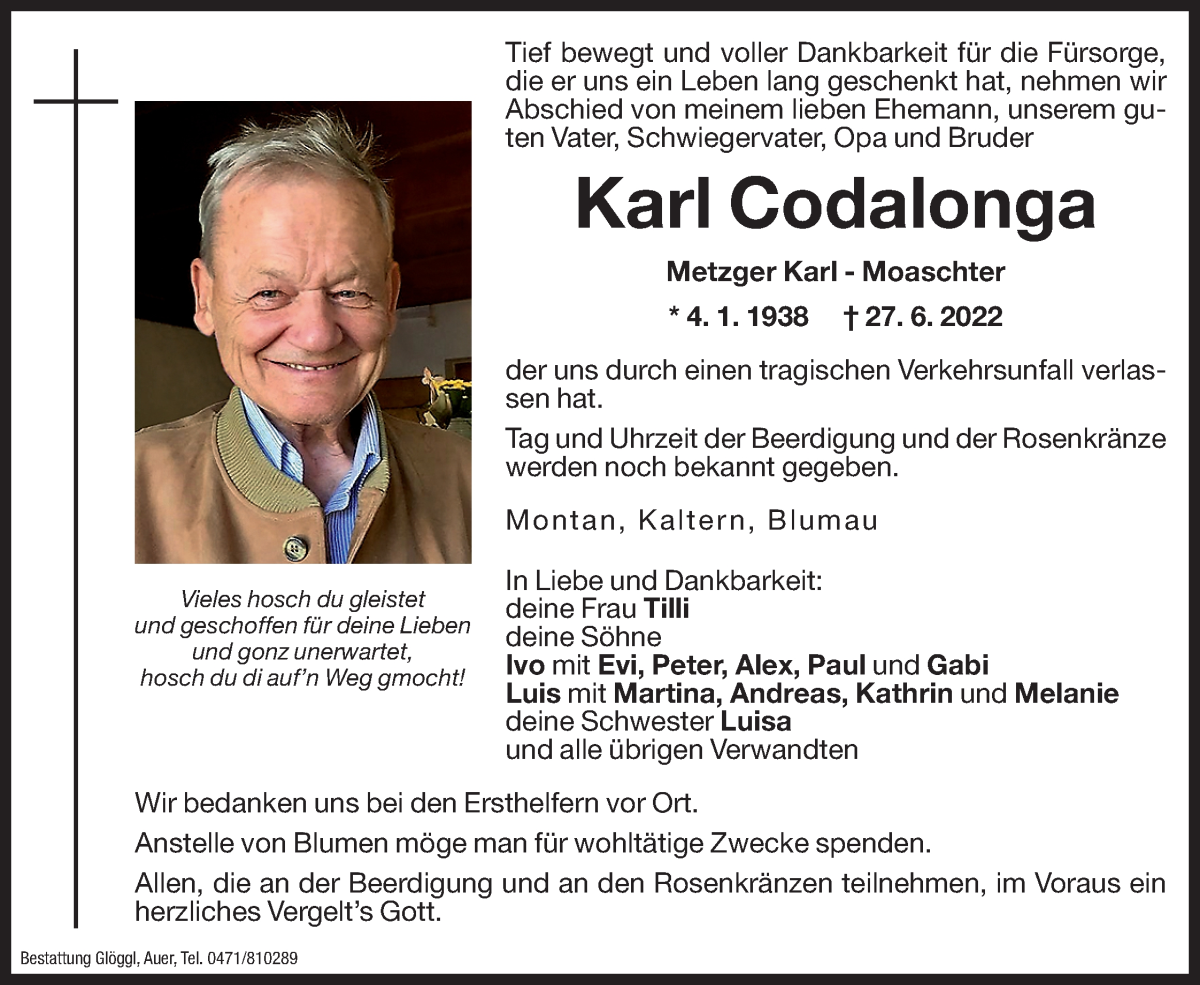  Traueranzeige für Karl Codalonga vom 01.07.2022 aus Dolomiten