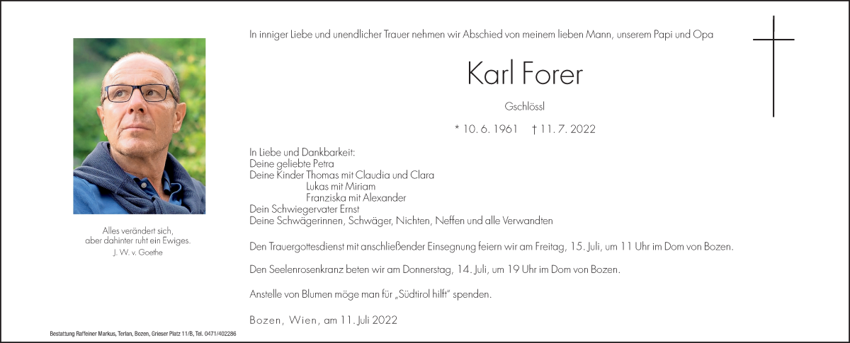  Traueranzeige für Karl Forer vom 14.07.2022 aus Dolomiten