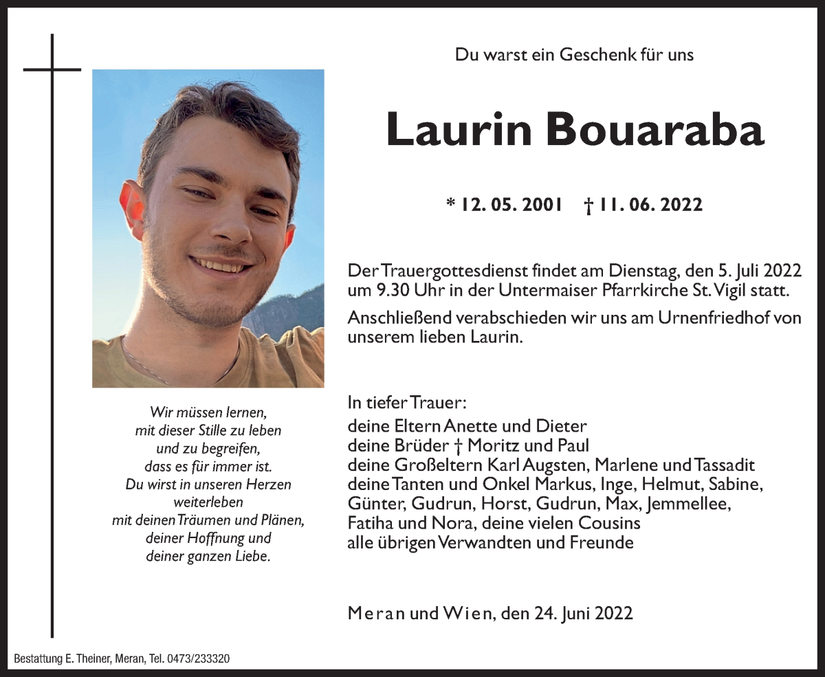  Traueranzeige für Laurin Bouaraba vom 01.07.2022 aus Dolomiten